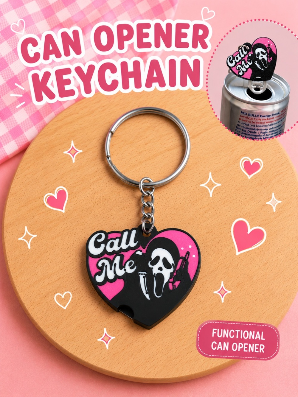Call Me Heart Can Opener Keychain - Pink & Black